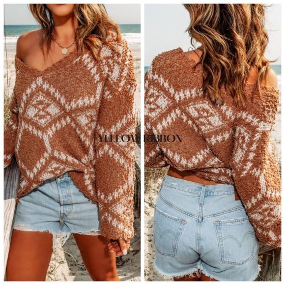 NEW Aztec Sweater / Brown Geometric Pattern Knit Sweater - Picture 1 of 8